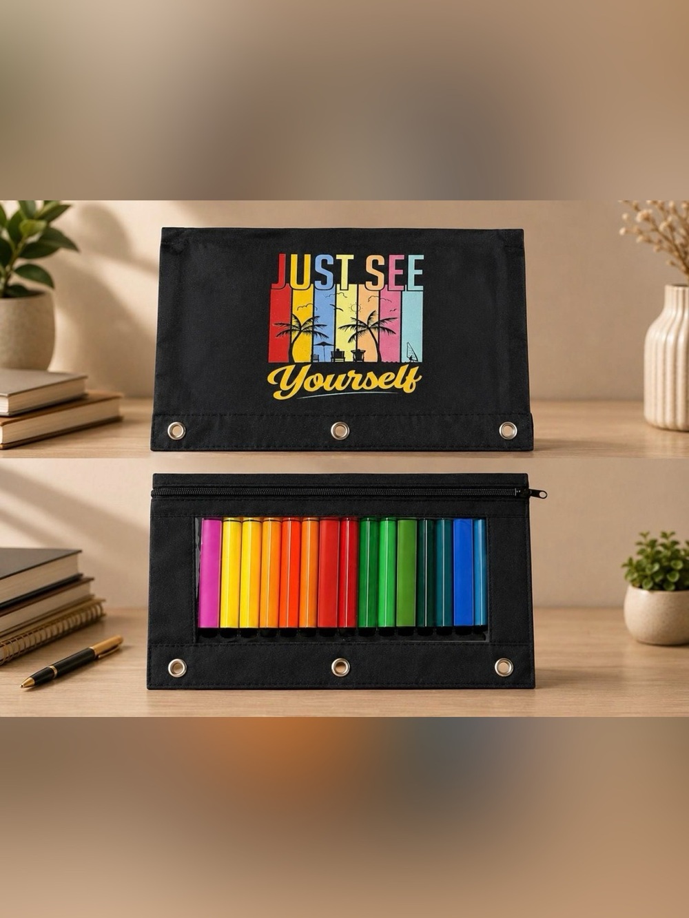 NWT Retro Beach Pencil Pouch | 3 Ring Binder Zipper Bag Organizer